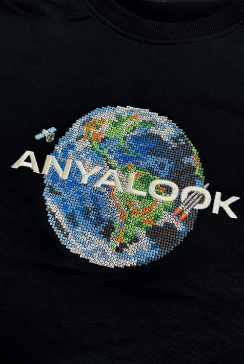 Earth Orbit with Indian Rocket & Satellite Embroidered Oversized T-Shirt | Black | AnyaLook