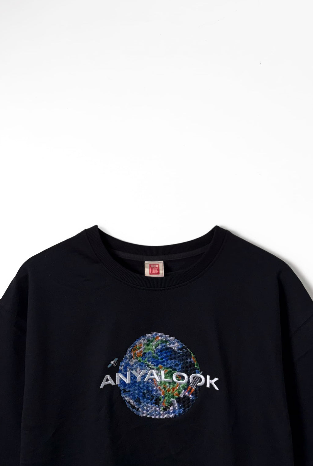 Earth Orbit with Indian Rocket & Satellite Embroidered Oversized T-Shirt | Black | AnyaLook