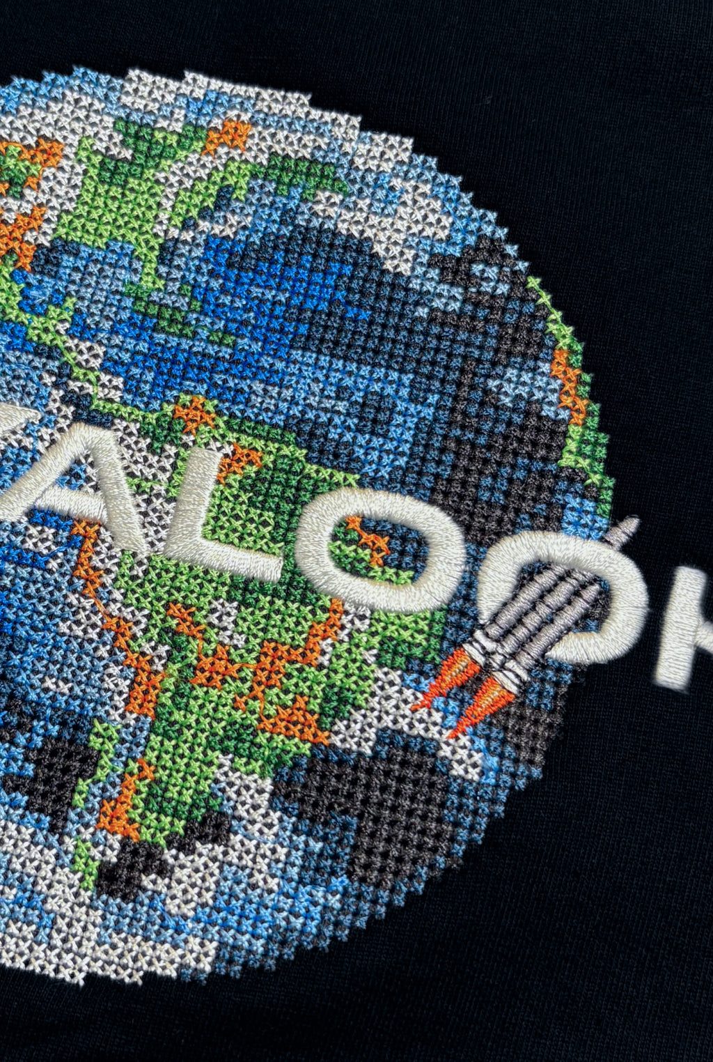 Earth Orbit with Indian Rocket & Satellite Embroidered Oversized T-Shirt | Black | AnyaLook